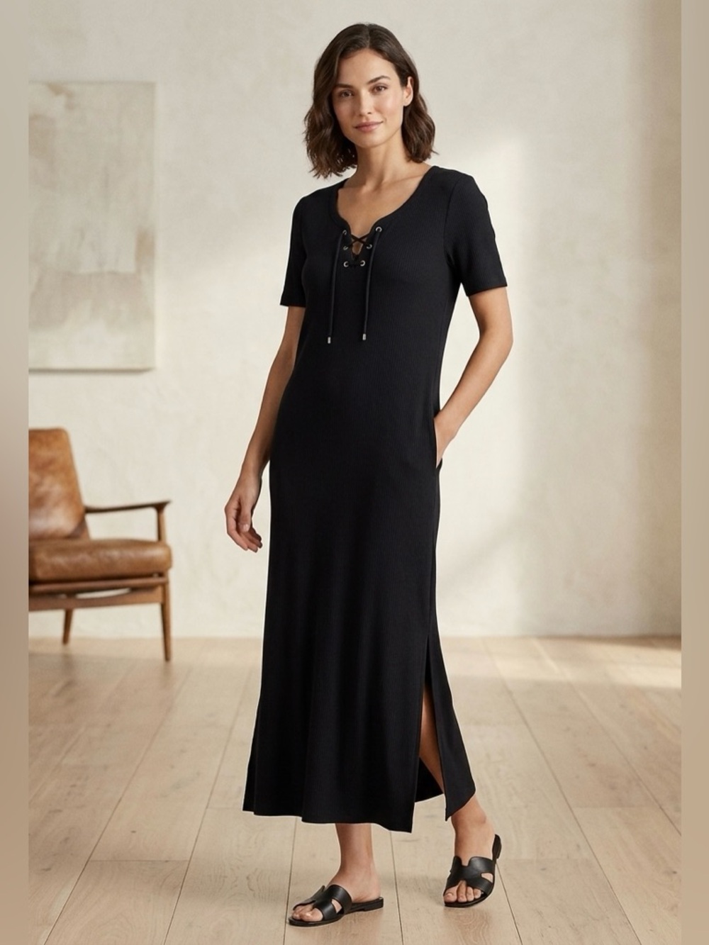 Ralph Lauren black ribbed knit cotton maxi dress size‎ L